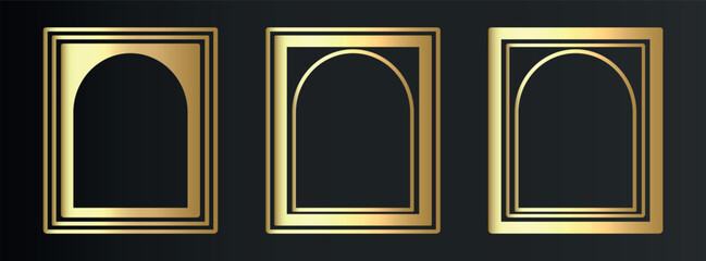 Luxury thin gold frame set in art deco, Islamic style. Premium geometric golden arch on black background. Elegant linear borders for vip, greeting card, wedding invitation. Isolated vector illustratio
