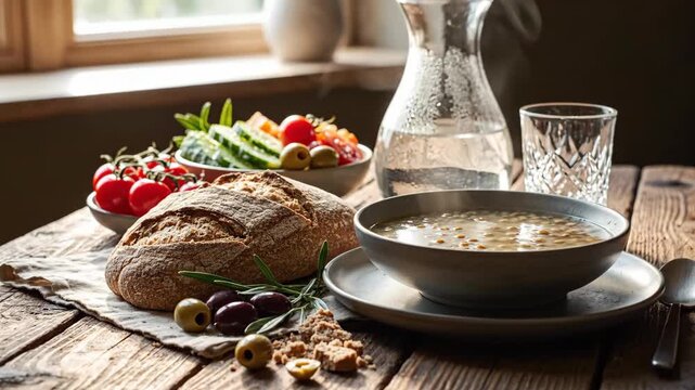 Hearty lentil soup, rustic bread, and fresh salad arranged on a wooden table with natural light, representing a wholesome meal or traditional gathering.