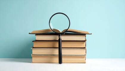 積み重ねた本の上に置かれた虫眼鏡が学習と調査を象徴する静物構図