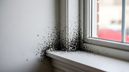 Black mold growth on white wall and windowsill near window mildew dampness moisture