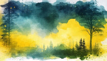 A rural summer landscape featuring a grunge sunset over a forest meadow with a golden sky and storm clouds above the green grass and trees