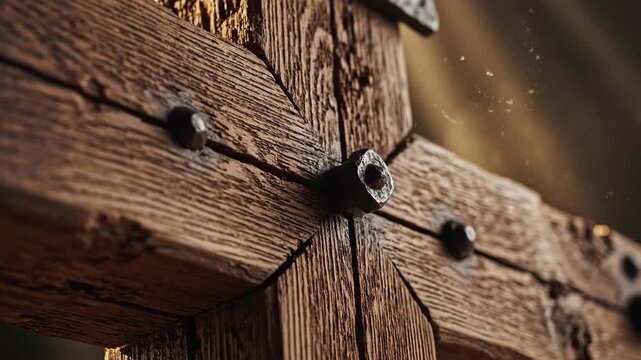 Detailed close up shows rustic old wooden texture with prominent metal studs and weathered grain, conveying profound historical and spiritual feel, ideal for religious video.