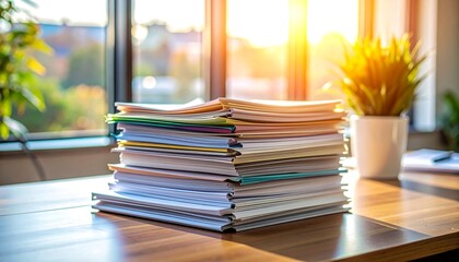 机の上に積まれた書類と本が知的作業と整理された学習環境を表す