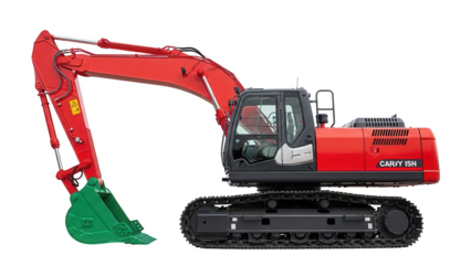 Isolated Red Excavator with Green Shovel for Heavy Construction and Industrial Projects