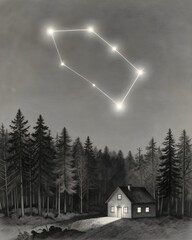 Minimalism. Radiance. Large constellation. Sketch of a forest house. Gray background.