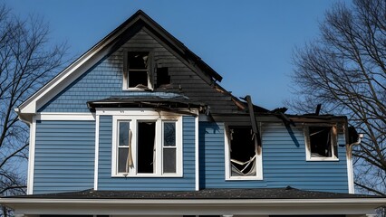 Blue house with damaged roof and broken windows after fire against clear blue sky home building