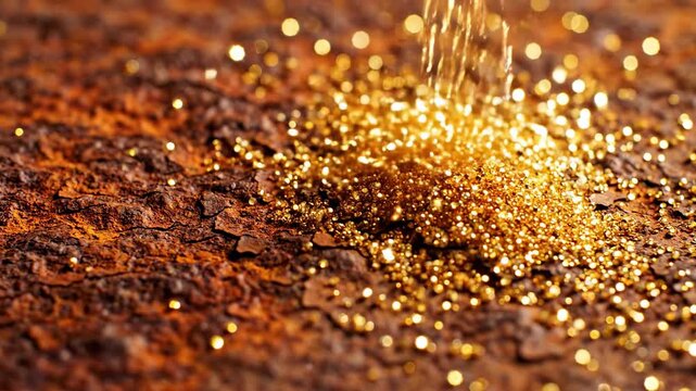 Extremely slow macro push-in on deeply textured antique rusty metal surface highlighted by sparkling golden sugar sprinkles creating a warm festive glow warm, depth, weathered