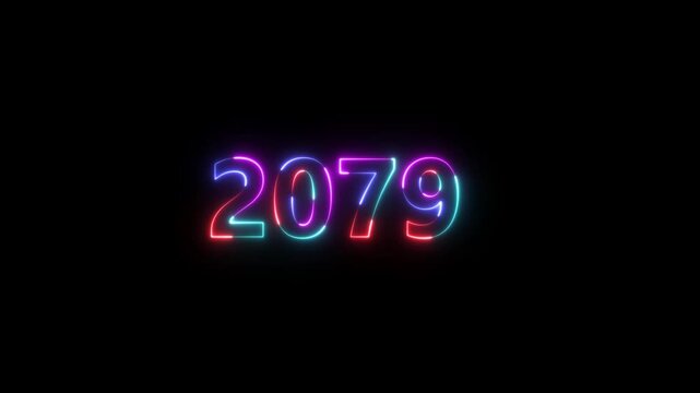 welcome to 2079 new year number icon animation glowing neon blue color banner mathematics template signboard sign symbol on black background