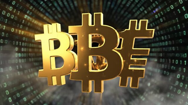 Bitcoin symbols glowing with golden light amidst digital code background in 4K high definition