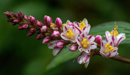 Obraz premium Vibrant Pink-Striped White Flowers with Golden Centers Against Blurred Green Foliage.