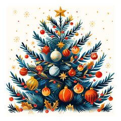 Vector illustration of a festive Christmas tree with ornaments and stars