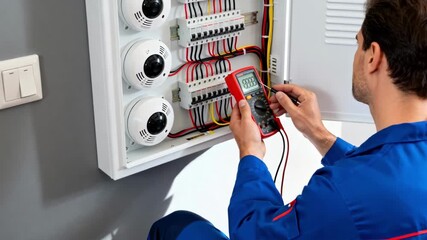 Installer inspects wiring panel while setting up hardwired smoke detectors focusing on integrating devices for seamless fire alert response.