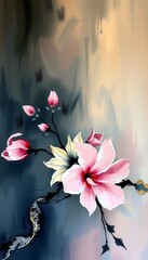 A beautiful macro closeup of a pink lily blossom with delicate petals and green leaves blooming in a garden vase or serene water