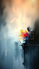 A human hand holding a gas mask, digital tablet, and glass of water amidst a fusion of fire, smoke, and technology under a starry night sky