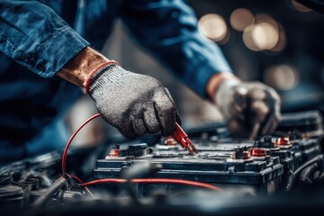 Man in blue shirt works on car battery while wearing gloves in a garage setting during day time focusing on electrical connections and maintenance tasks
