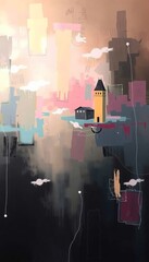  illustration of a business airplane flying over the urban city skyline at sunset with grunge art design featuring architecture buildings and street lights under a glowing sky