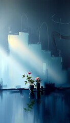 Industrial oil and gas plant landscape under a dark night sky with glowing city lights reflected in the river water near a blue sunset