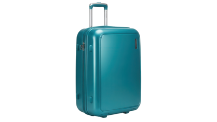 Isolated teal hard-shell suitcase stands with its handle extended, ready for travel and adventure