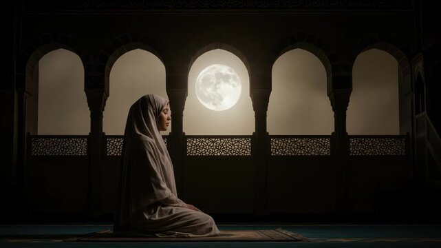 Woman in prayer under moonlight, a serene islamic art video depicting faith and tranquility within