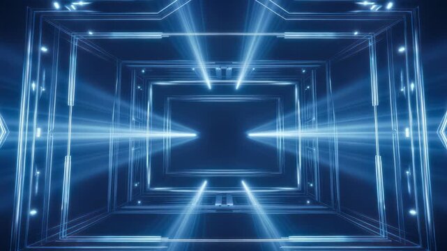 A mesmerizing journey through a blue luminous tunnel of digital dimensions and patterns