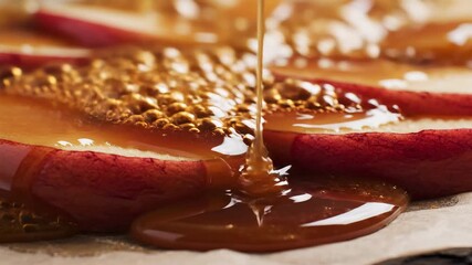 Pouring Caramel Sauce Over Apple Slices A Delicious Dessert Preparation in CloseUp Showcasing Sweetness and Culinary Artistry for Food and Recipe Content.