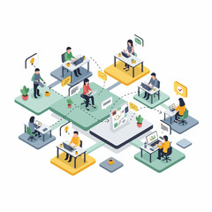 Obraz premium Isometric Modern Collaboration Workspace Illustration of Networked Team in Open Office