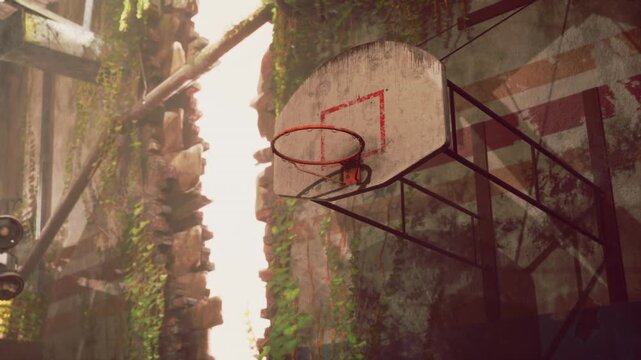 A weathered basketball hoop hangs in a derelict area, overrun with creeping vines. The environment suggests a once active court now reclaimed by nature, hinting at forgotten games.