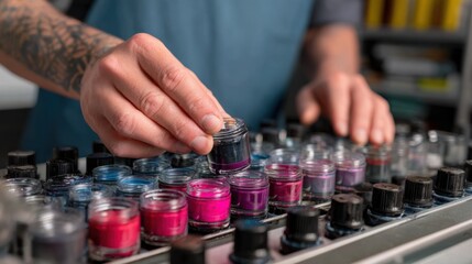 Focused medium view of a color specialist adjusting ink concentrations demonstrating the intricate process of achieving specific fantasy color tones.