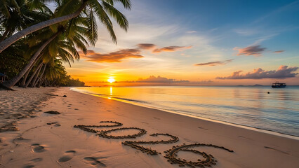 Serene beach scene with 2026 written in the sand at sunset