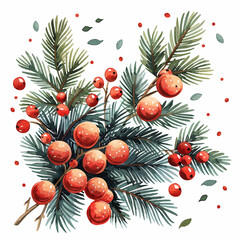 Festive Christmas Pine Branches With Red Berries Vector Illustration