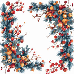Christmas Corner Decoration Vector - Red Berries, Pine, and Holly Branches