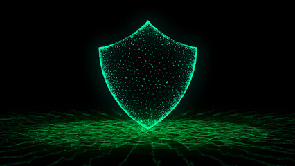 Green digital cyber security background with shield. Futuristic protection of private information and data. Perspective grid background. Programming, coding, hacking and encryption. 3d rendering. © Oleksii