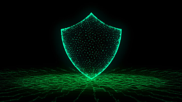 Green digital cyber security background with shield. Futuristic protection of private information and data. Perspective grid background. Programming, coding, hacking and encryption. 3d rendering.