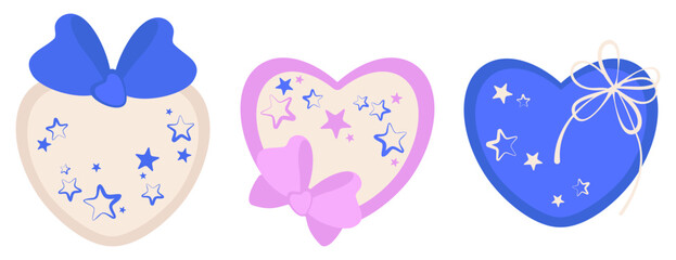 Set of heart-shaped gift boxes with candies and star pattern. Choose your color and decoration. Vector isolated surprises in blue, white, pink. Gifts are decorated with satin ribbons. Delicate festive