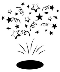 Fireworks black elements in flat style. Vector doodle drawing of sparks, firework stars, and confetti. Simple sketch of a festive firecracker explosion. Festive explosion for graphic design.