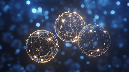 Glowing networked spheres in dark blue background