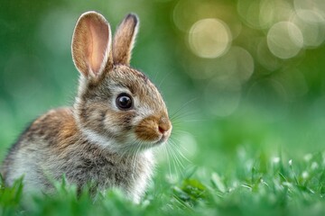 Fototapeta premium Little bunny resting on soft grass with a blurred green background during a sunny day in nature