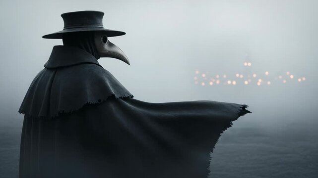 Gloomy plague doctor animation amidst fog, evoking historical mystery and silent contemplation in