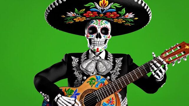 3D animation of a "Day of the Dead" (Dia de los Muertos) skeleton playing a guitar on green screen background.