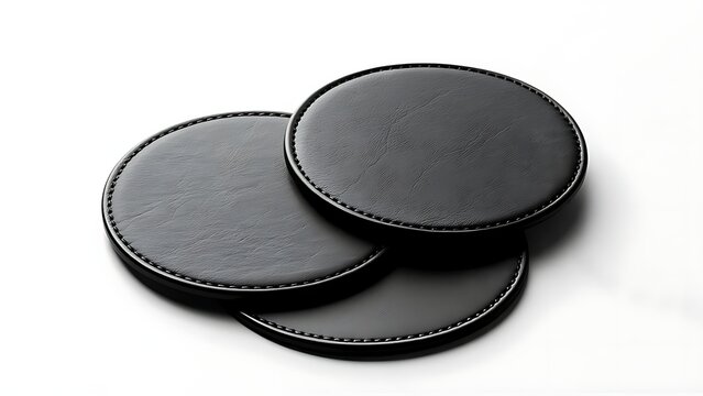 Three dark, circular pads with textured surfaces and contrasting stitched edges, overlapping against a white background