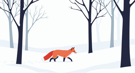 Beautiful red fox walks gracefully through a tranquil snowy forest landscape with bare trees in a minimalist winter illustration.