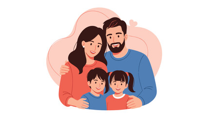 Obraz premium Loving family of four with a mother father son and daughter smiling together in a warm and happy group portrait illustration.