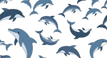 Naklejka premium Seamless pattern background with many cute cartoon dolphins jumping and swimming in different poses on a plain white backdrop.