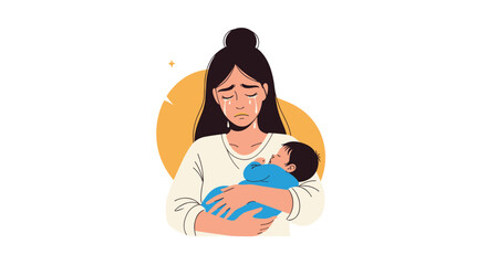 Young mother with tears on her face holds her newborn baby experiencing postpartum depression or maternal mental health issues.