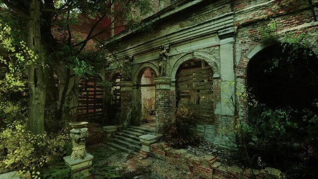 The remains of a historic European mansion reveal crumbling walls and intricate architecture, entwined with natures reclaiming foliage, evoking a sense of nostalgia and forgotten history.