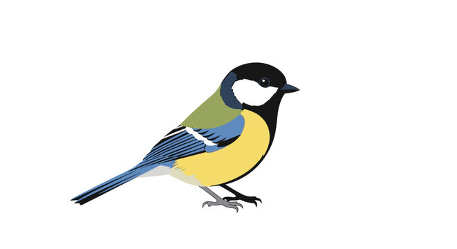 Detailed and realistic vector illustration of a great tit bird with its characteristic yellow black and blue plumage on a white background.
