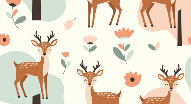Fototapeta Seamless pattern for children with cute cartoon deer and flowers in a lovely pastel-colored scandinavian style forest design.