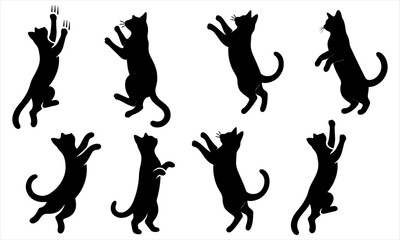 Clean and simple black cat silhouettes capturing dynamic leap and run poses, perfect for modern vector icons, branding, stickers, and animated graphic projects with transparent background.  © Design venue s