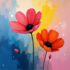 watercolor Red poppies and pink spring blossoms create a beautiful floral vector illustration with vibrant petals and green leaves on a textured grunge background