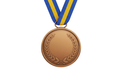 Isolated bronze medal with blue and gold ribbon for sports, achievement, or celebration